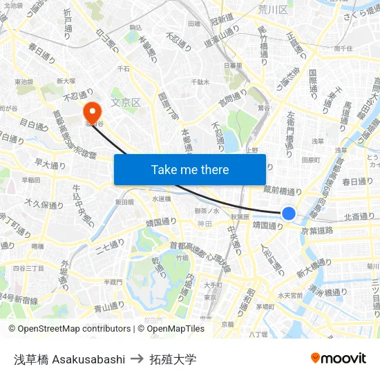 浅草橋 Asakusabashi to 拓殖大学 map