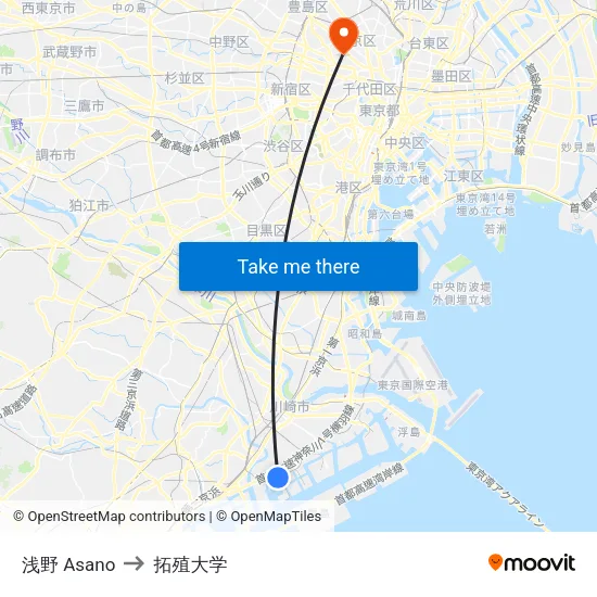 浅野 Asano to 拓殖大学 map