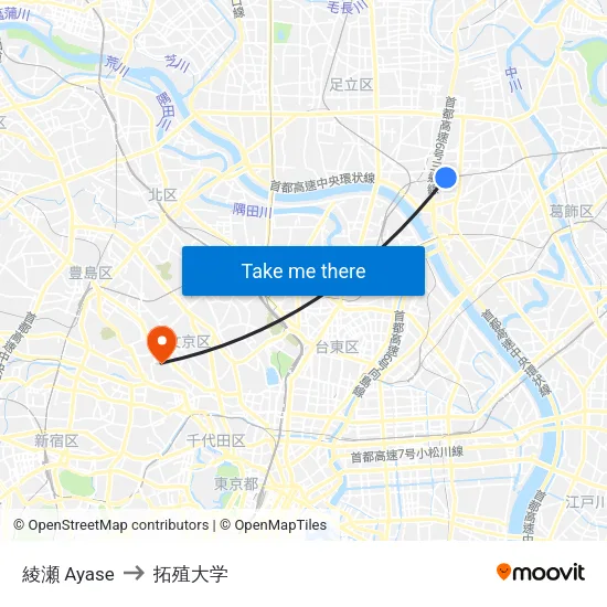 綾瀬 Ayase to 拓殖大学 map