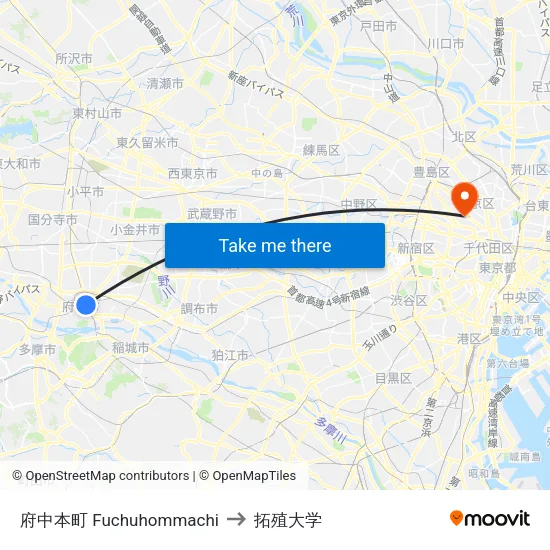 府中本町 Fuchuhommachi to 拓殖大学 map