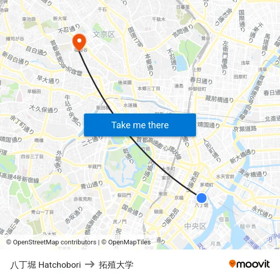 八丁堀 Hatchobori to 拓殖大学 map