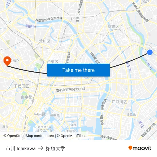 市川 Ichikawa to 拓殖大学 map