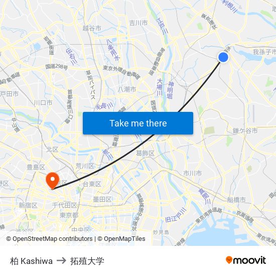 柏 Kashiwa to 拓殖大学 map