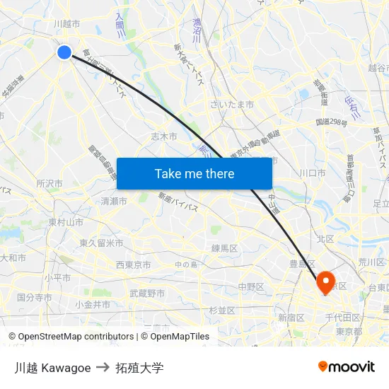 川越 Kawagoe to 拓殖大学 map
