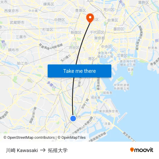 川崎 Kawasaki to 拓殖大学 map