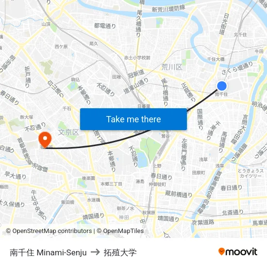 南千住 Minami-Senju to 拓殖大学 map