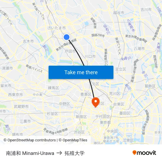 南浦和 Minami-Urawa to 拓殖大学 map