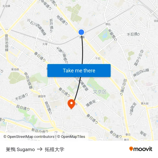 巣鴨 Sugamo to 拓殖大学 map