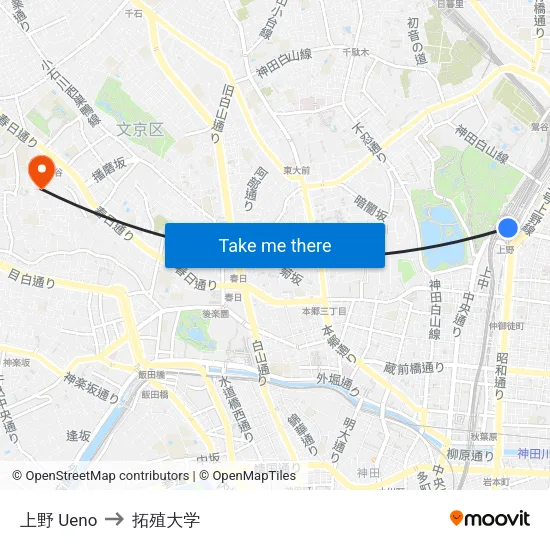 上野 Ueno to 拓殖大学 map
