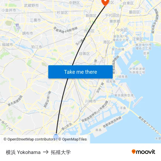 横浜 Yokohama to 拓殖大学 map