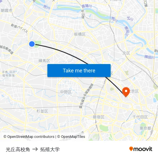 光丘高校角 to 拓殖大学 map