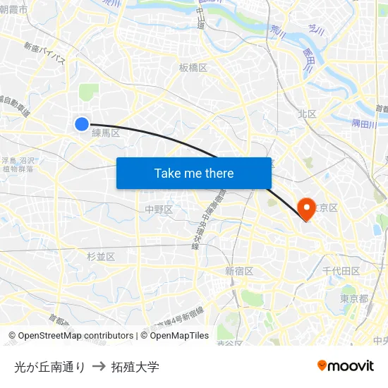 光が丘南通り to 拓殖大学 map