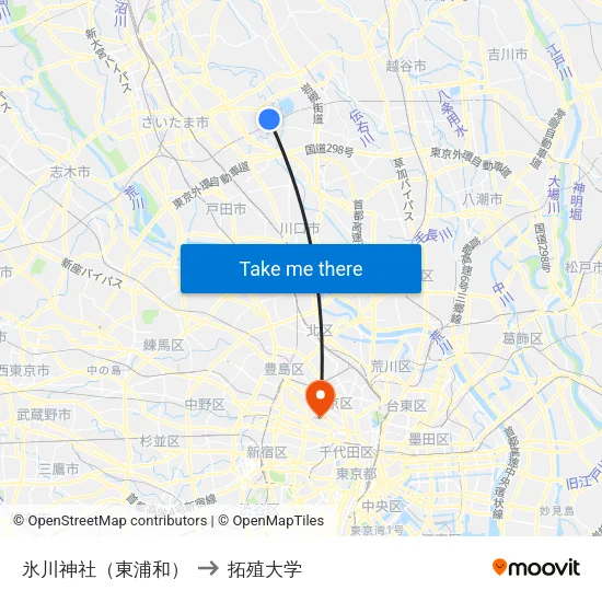 氷川神社（東浦和） to 拓殖大学 map