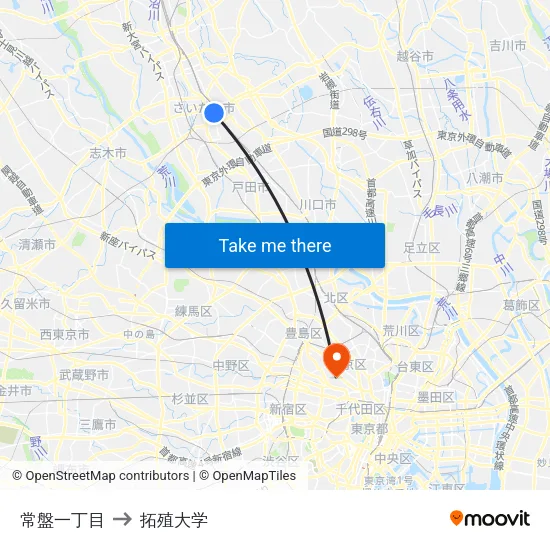 常盤一丁目 to 拓殖大学 map