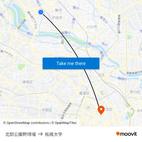 北部公園野球場 to 拓殖大学 map