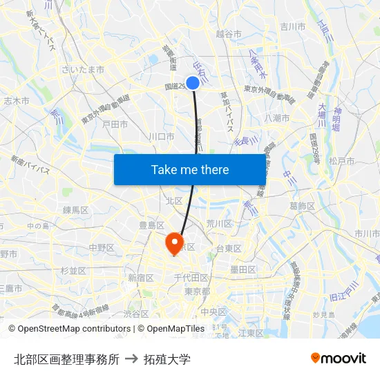 北部区画整理事務所 to 拓殖大学 map