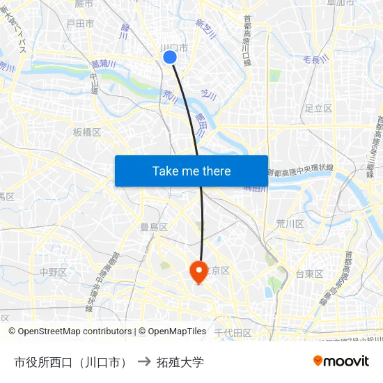 市役所西口（川口市） to 拓殖大学 map