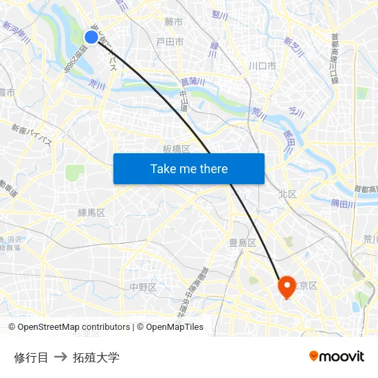 修行目 to 拓殖大学 map