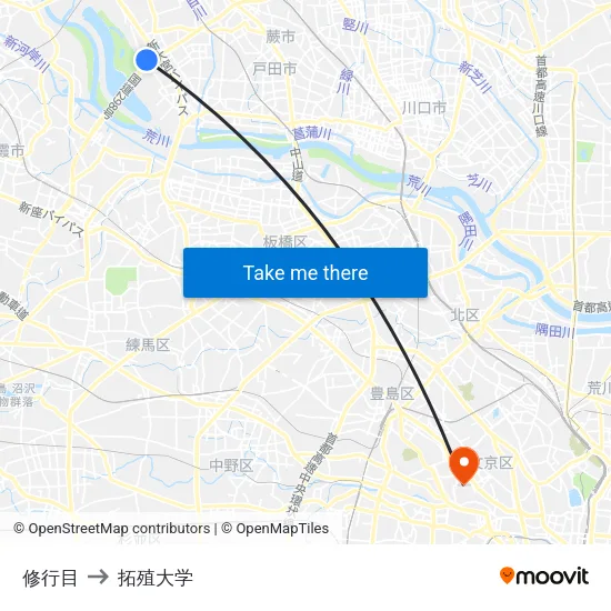 修行目 to 拓殖大学 map