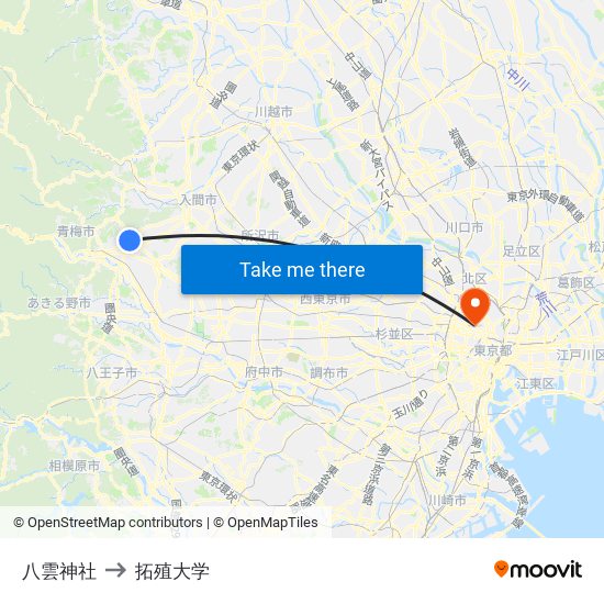 八雲神社 to 拓殖大学 map