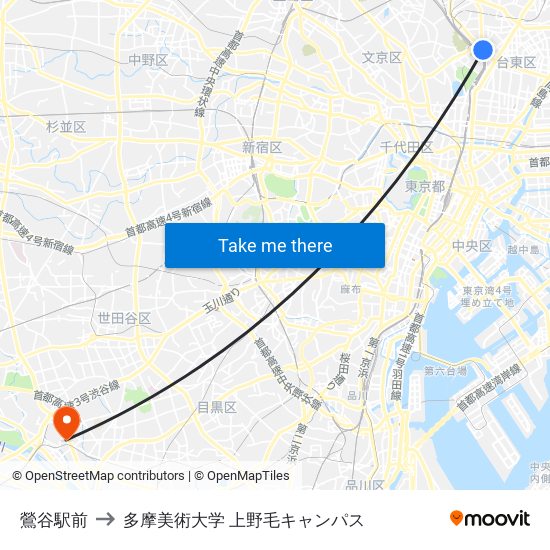 鶯谷駅前 to 多摩美術大学 上野毛キャンパス map