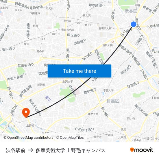 渋谷駅前 to 多摩美術大学 上野毛キャンパス map