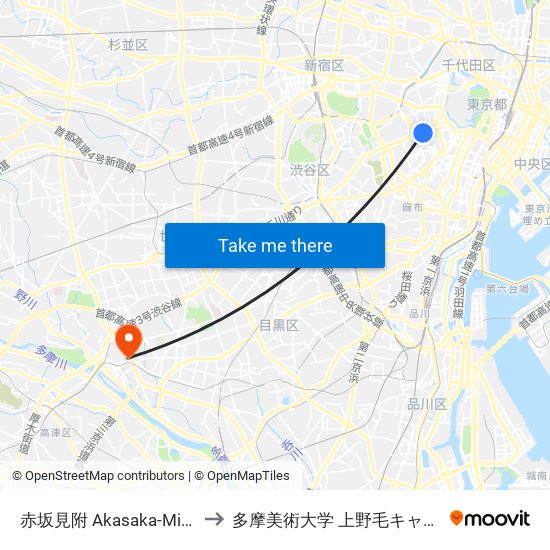 赤坂見附 Akasaka-Mitsuke to 多摩美術大学 上野毛キャンパス map