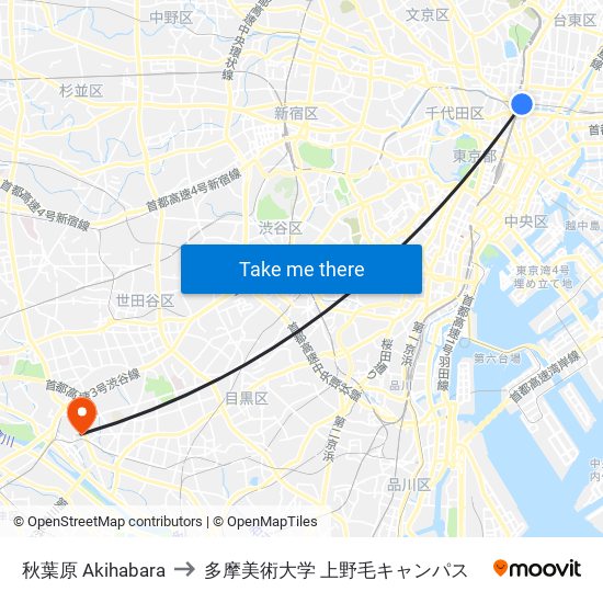 秋葉原 Akihabara to 多摩美術大学 上野毛キャンパス map