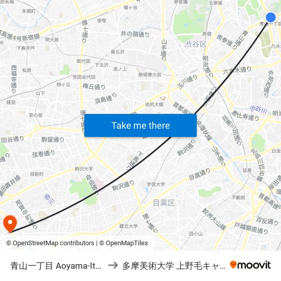 青山一丁目 Aoyama-Itchome to 多摩美術大学 上野毛キャンパス map