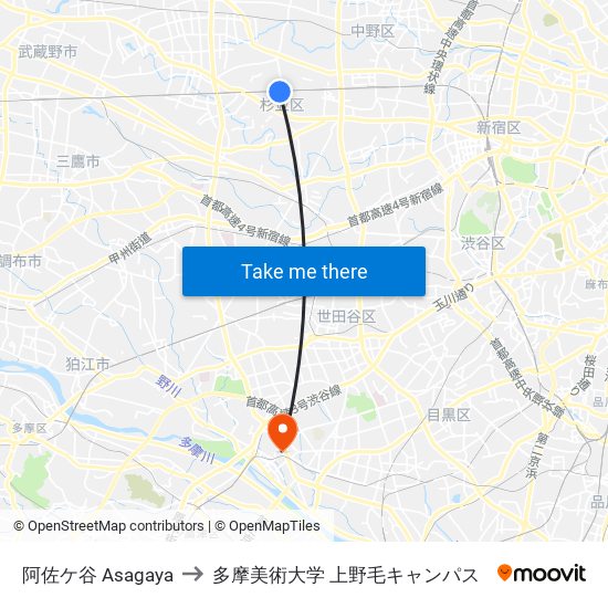 阿佐ケ谷 Asagaya to 多摩美術大学 上野毛キャンパス map