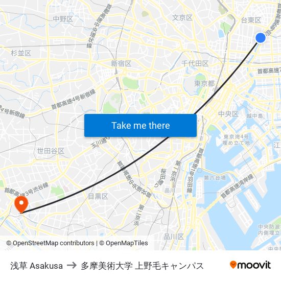 浅草 Asakusa to 多摩美術大学 上野毛キャンパス map