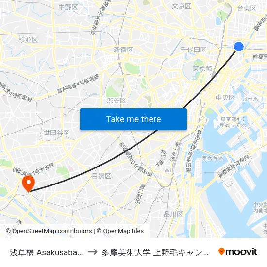 浅草橋 Asakusabashi to 多摩美術大学 上野毛キャンパス map