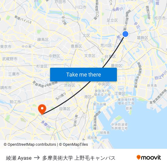 綾瀬 Ayase to 多摩美術大学 上野毛キャンパス map