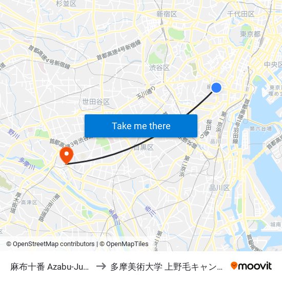 麻布十番 Azabu-Juban to 多摩美術大学 上野毛キャンパス map