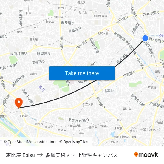 恵比寿 Ebisu to 多摩美術大学 上野毛キャンパス map