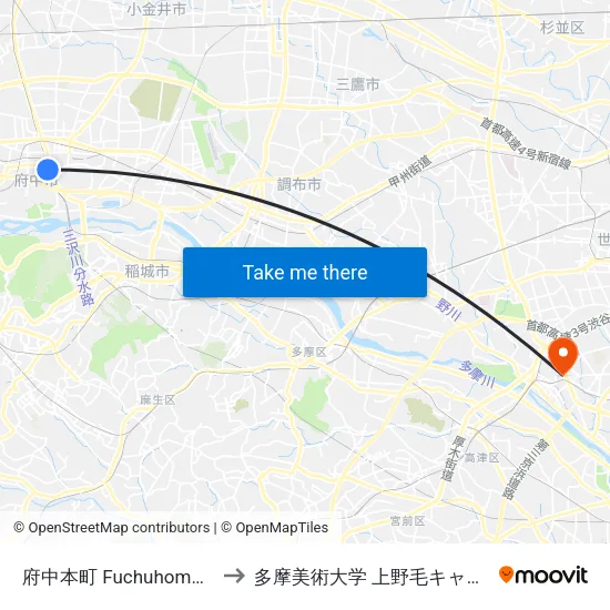 府中本町 Fuchuhommachi to 多摩美術大学 上野毛キャンパス map