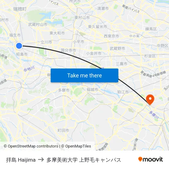 拝島 Haijima to 多摩美術大学 上野毛キャンパス map