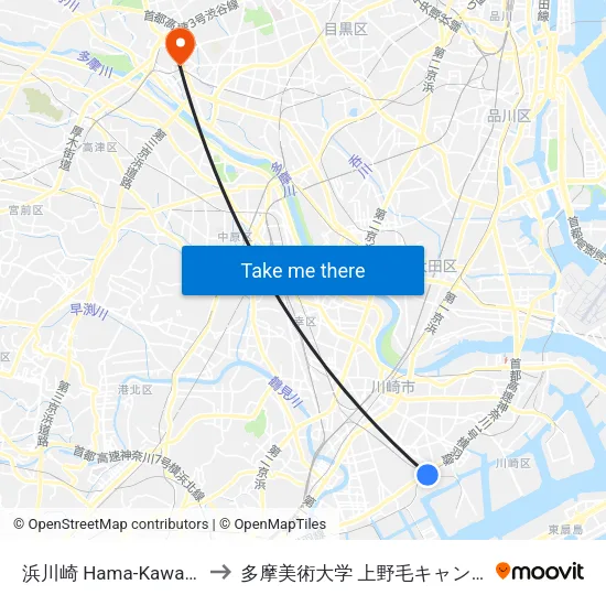 浜川崎 Hama-Kawasaki to 多摩美術大学 上野毛キャンパス map