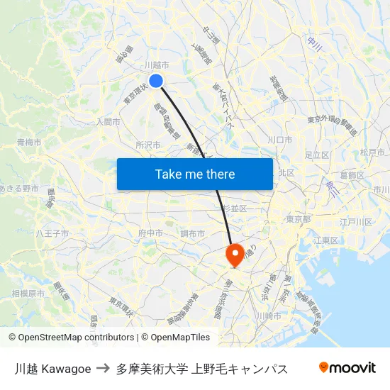 川越 Kawagoe to 多摩美術大学 上野毛キャンパス map