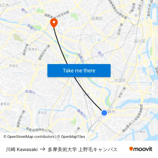 川崎 Kawasaki to 多摩美術大学 上野毛キャンパス map