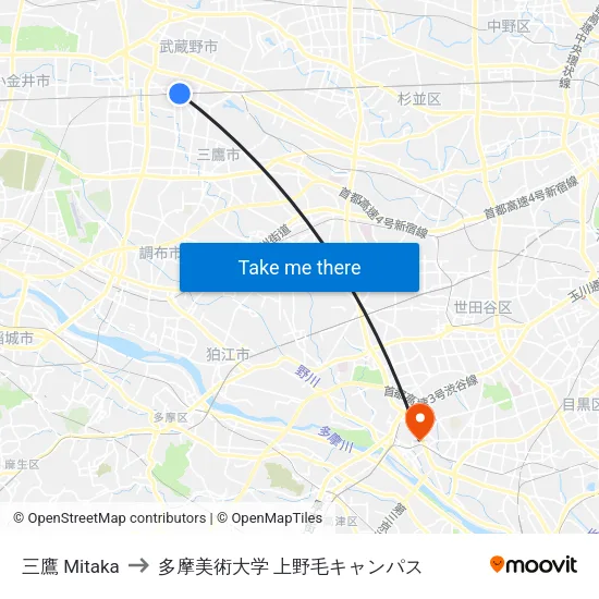 三鷹 Mitaka to 多摩美術大学 上野毛キャンパス map