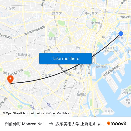 門前仲町 Monzen-Nakacho to 多摩美術大学 上野毛キャンパス map