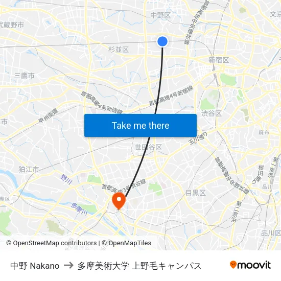 中野 Nakano to 多摩美術大学 上野毛キャンパス map