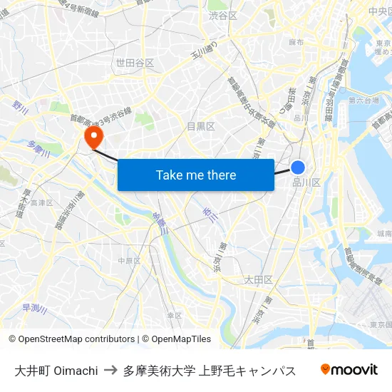 大井町 Oimachi to 多摩美術大学 上野毛キャンパス map