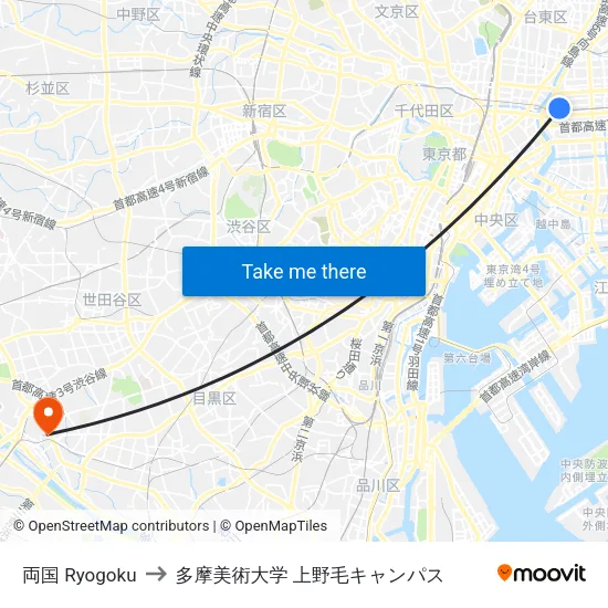 両国 Ryogoku to 多摩美術大学 上野毛キャンパス map