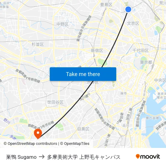 巣鴨 Sugamo to 多摩美術大学 上野毛キャンパス map
