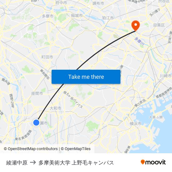 綾瀬中原 to 多摩美術大学 上野毛キャンパス map
