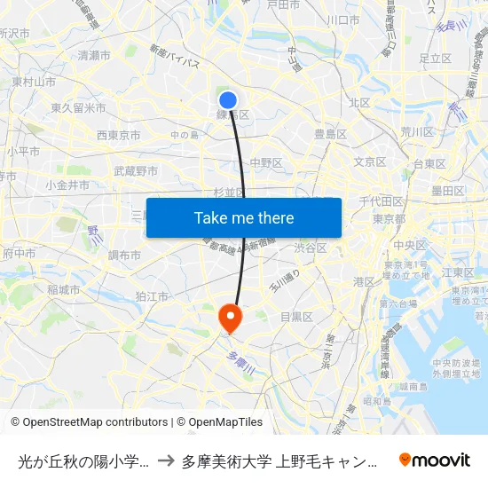 光が丘秋の陽小学校 to 多摩美術大学 上野毛キャンパス map