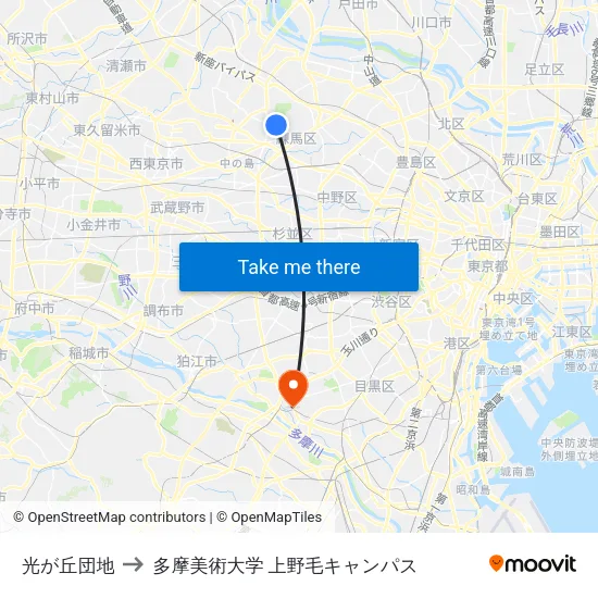 光が丘団地 to 多摩美術大学 上野毛キャンパス map