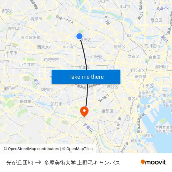 光が丘団地 to 多摩美術大学 上野毛キャンパス map